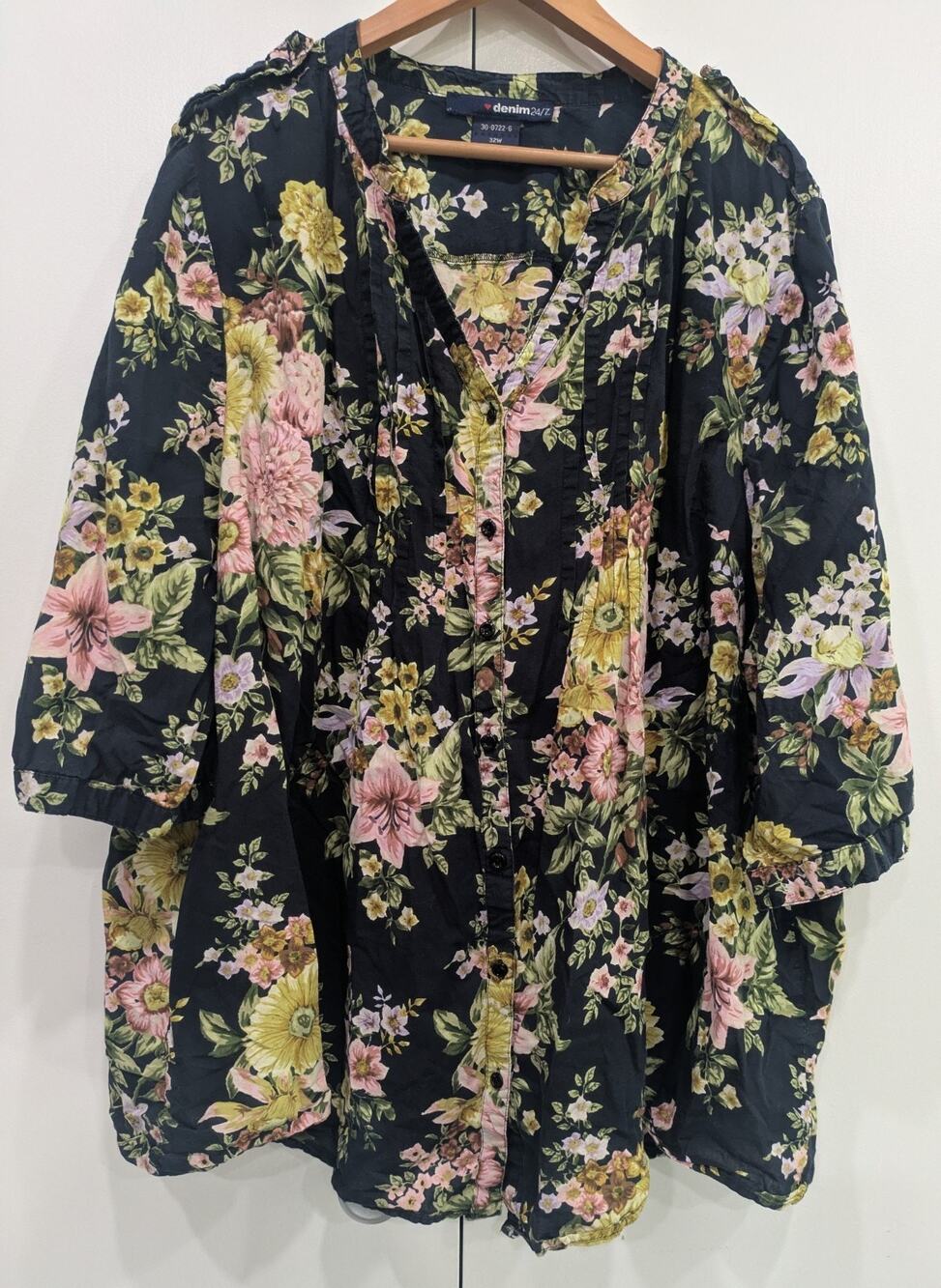 Denim 24/7 Plus Size 32W Floral Pintuck Tunic Top Cottagecor Boho 100% Cotton 5X